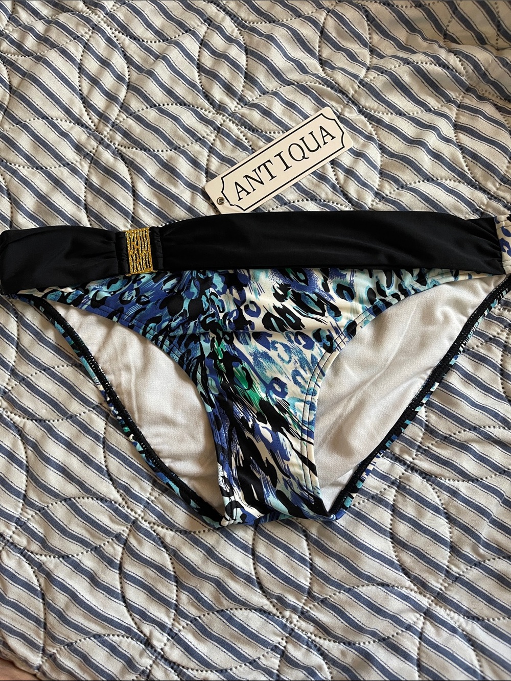 Antigua Blue Multi Leopard-Print Bikini Bottom with Black Waistband